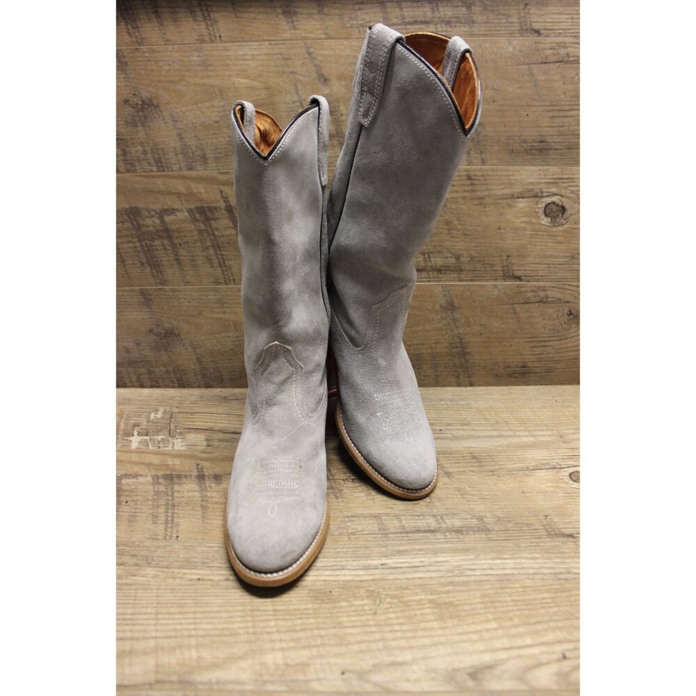 Wolverine women's vintage pale gray suede‎ mid calf stacked heel Western boots